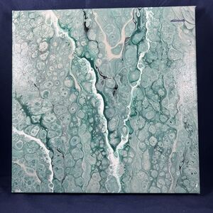 10" Sq Green Garden Abstract Acrylic Fluid Pour Painting by Artist Kat Sanders